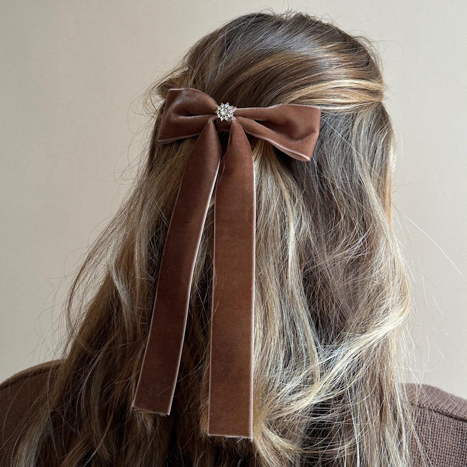 Iconic Velvet Bow Barrette in Mocha Mousse - Image 4